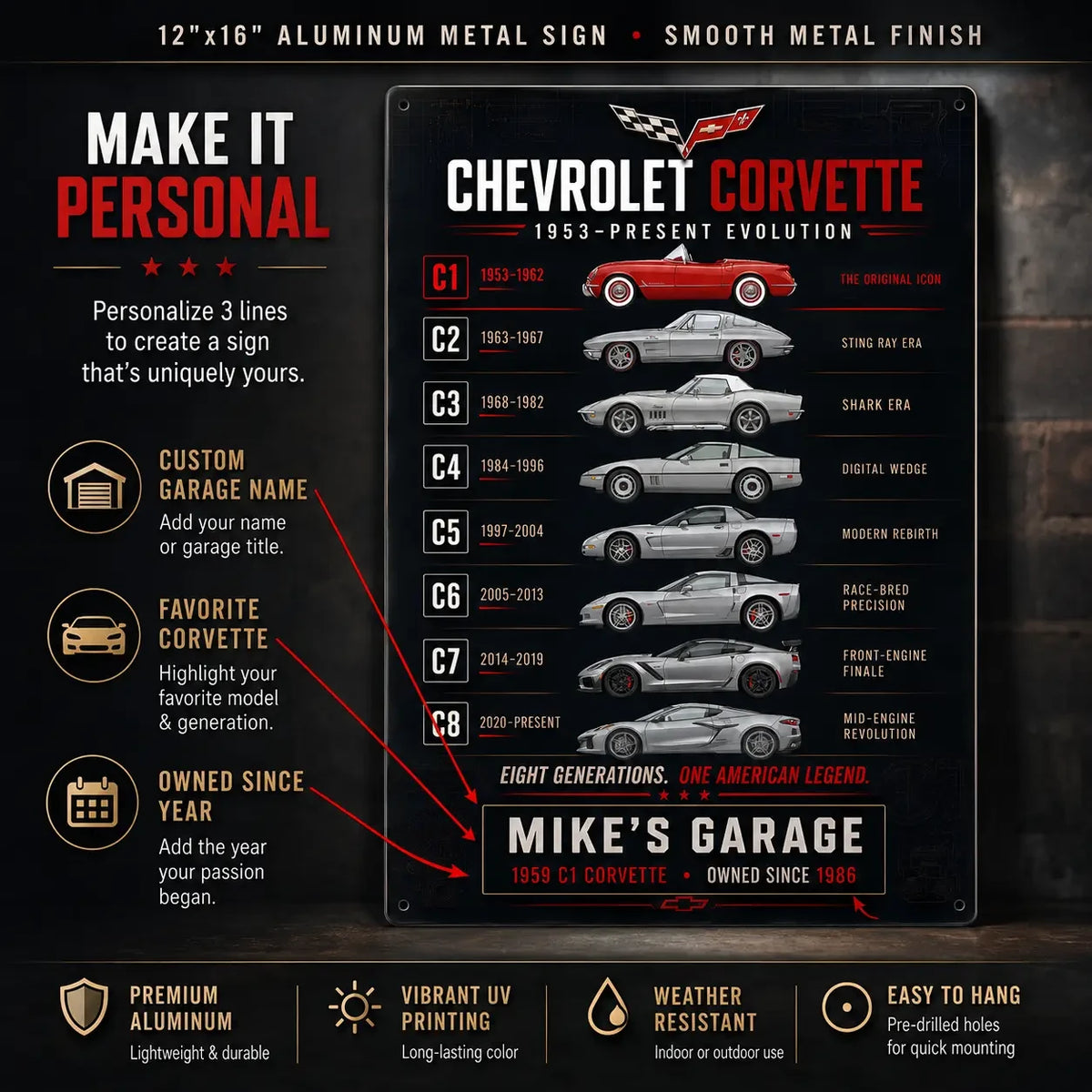 Personalized Corvette Evolution Sports Car Metal Wall Sign
