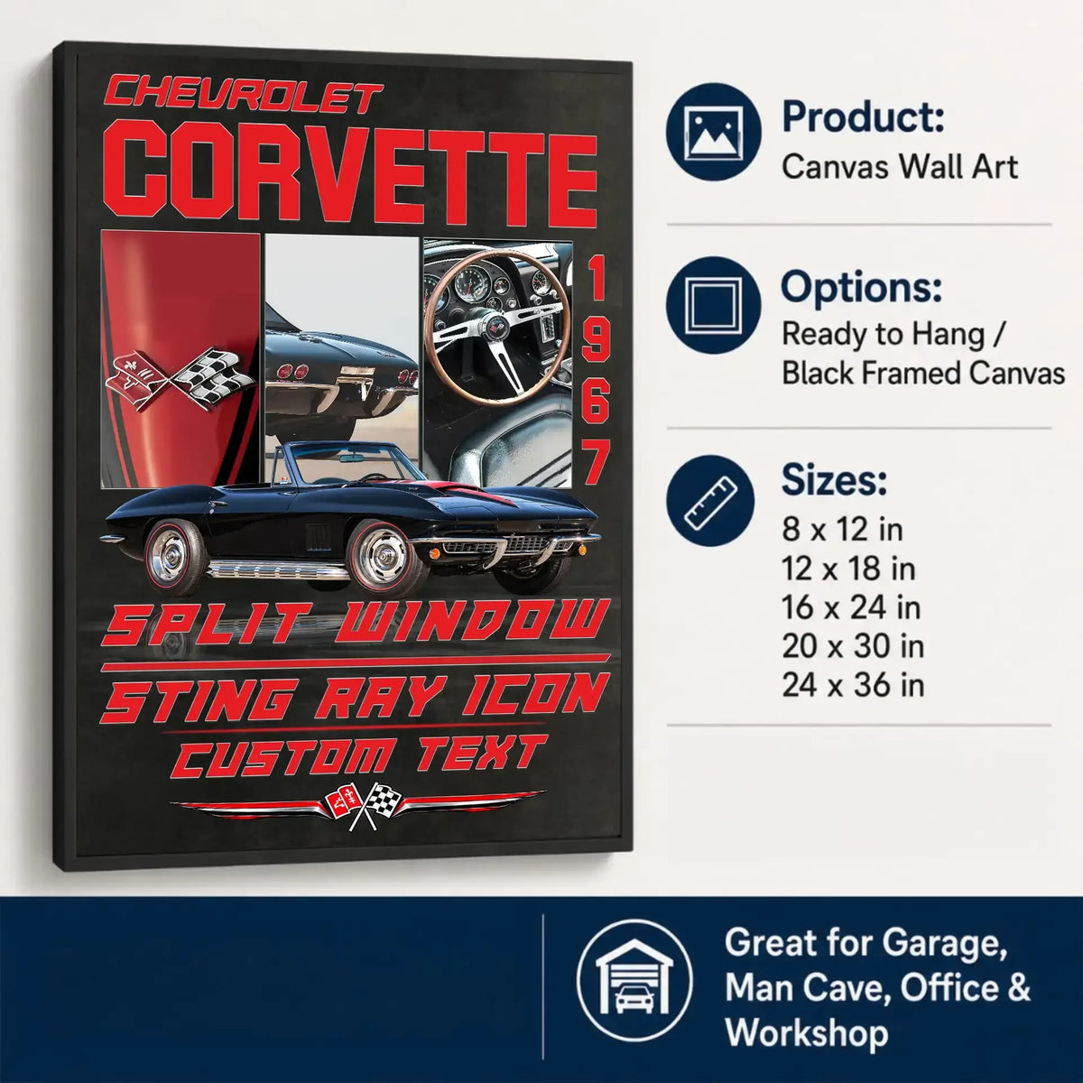 Personalized 1967 Corvette Sports Car Canvas Wall Art
