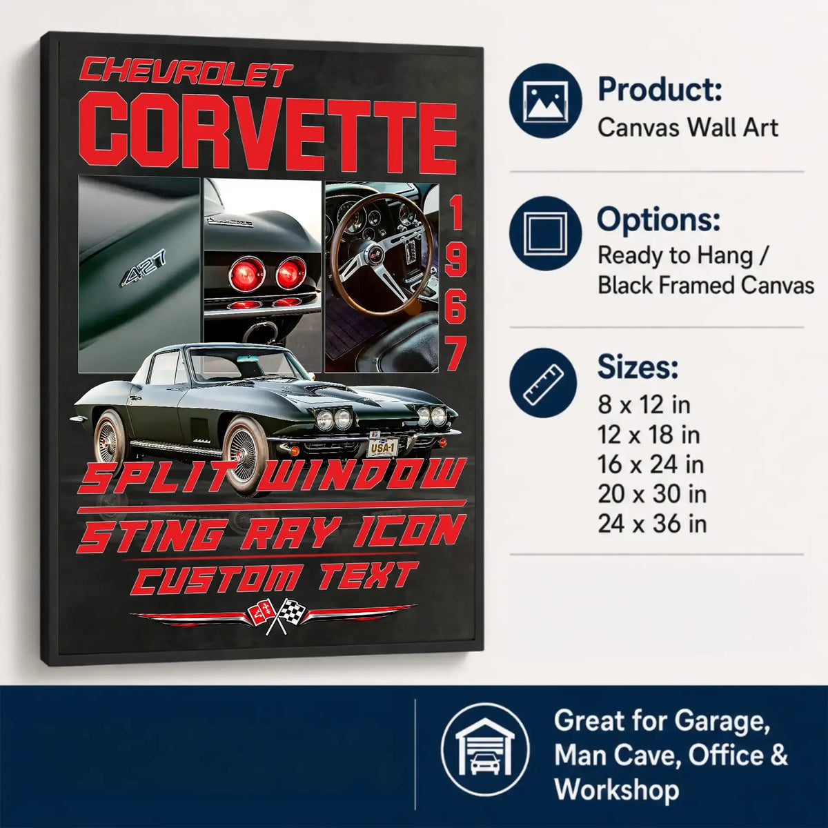 Personalized 1967 Corvette Sports Car Canvas Wall Art