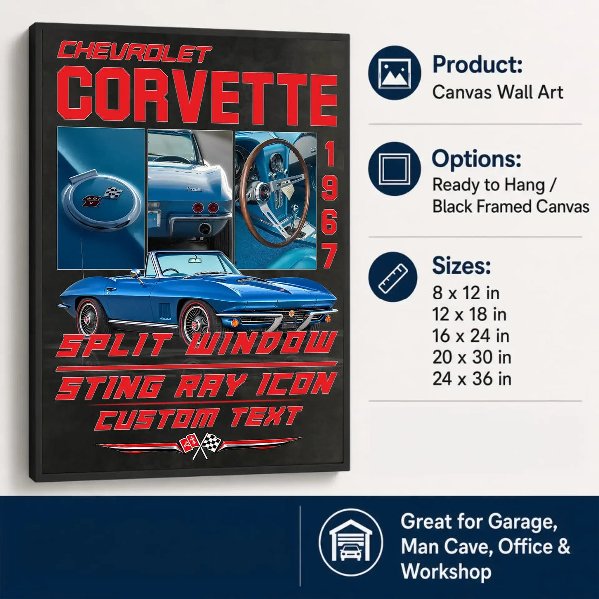 Personalized 1967 Corvette Sports Car Canvas Wall Art