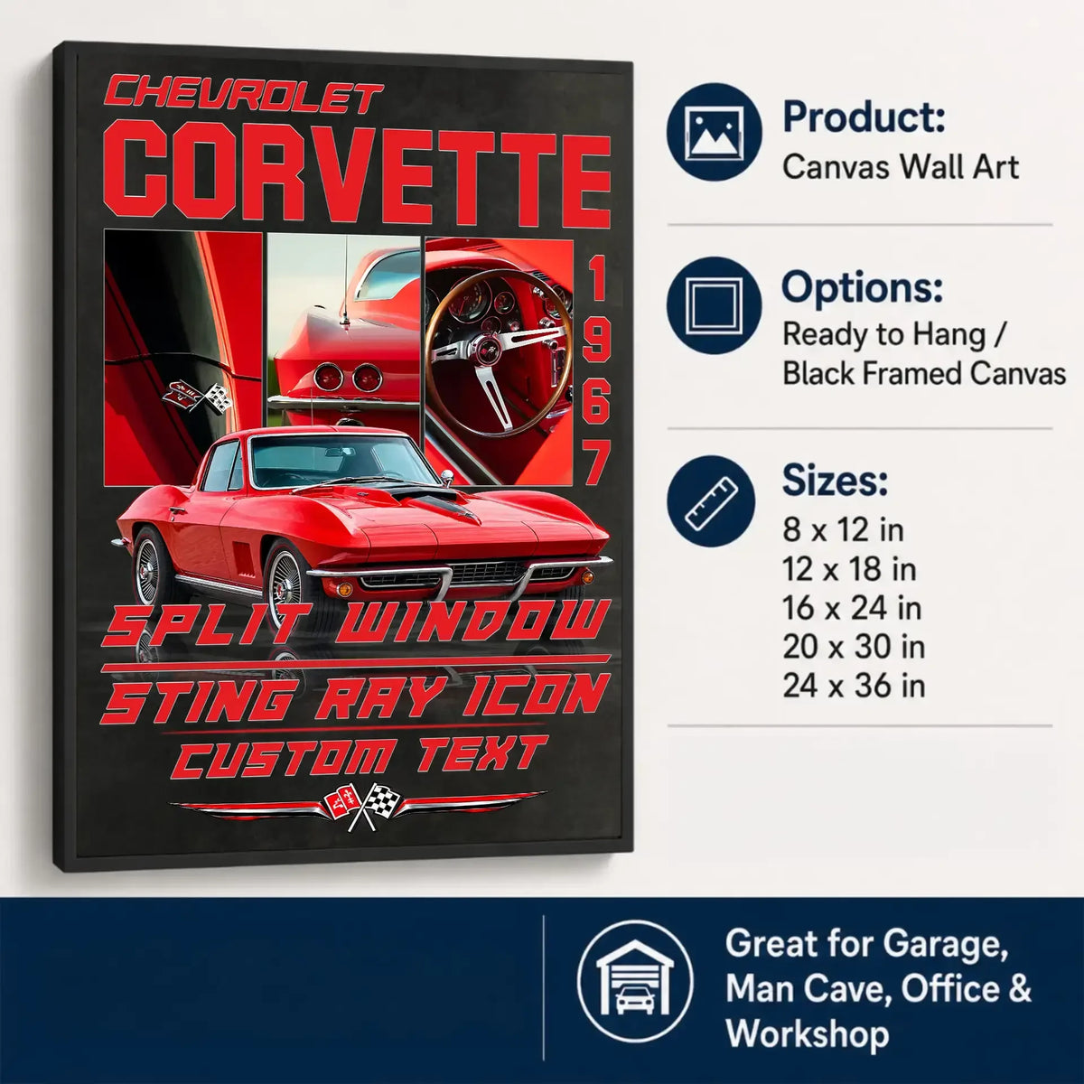 Personalized 1967 Corvette Sports Car Canvas Wall Art