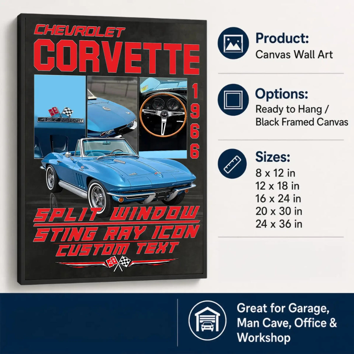 Personalized 1966 Corvette Sports Car Canvas Wall Art