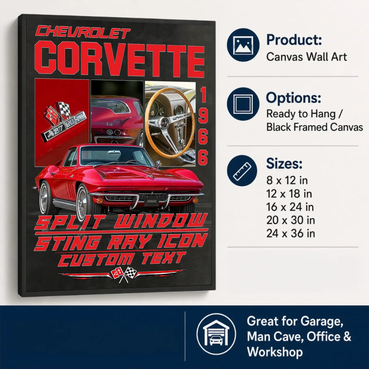 Personalized 1966 Corvette Sports Car Canvas Wall Art