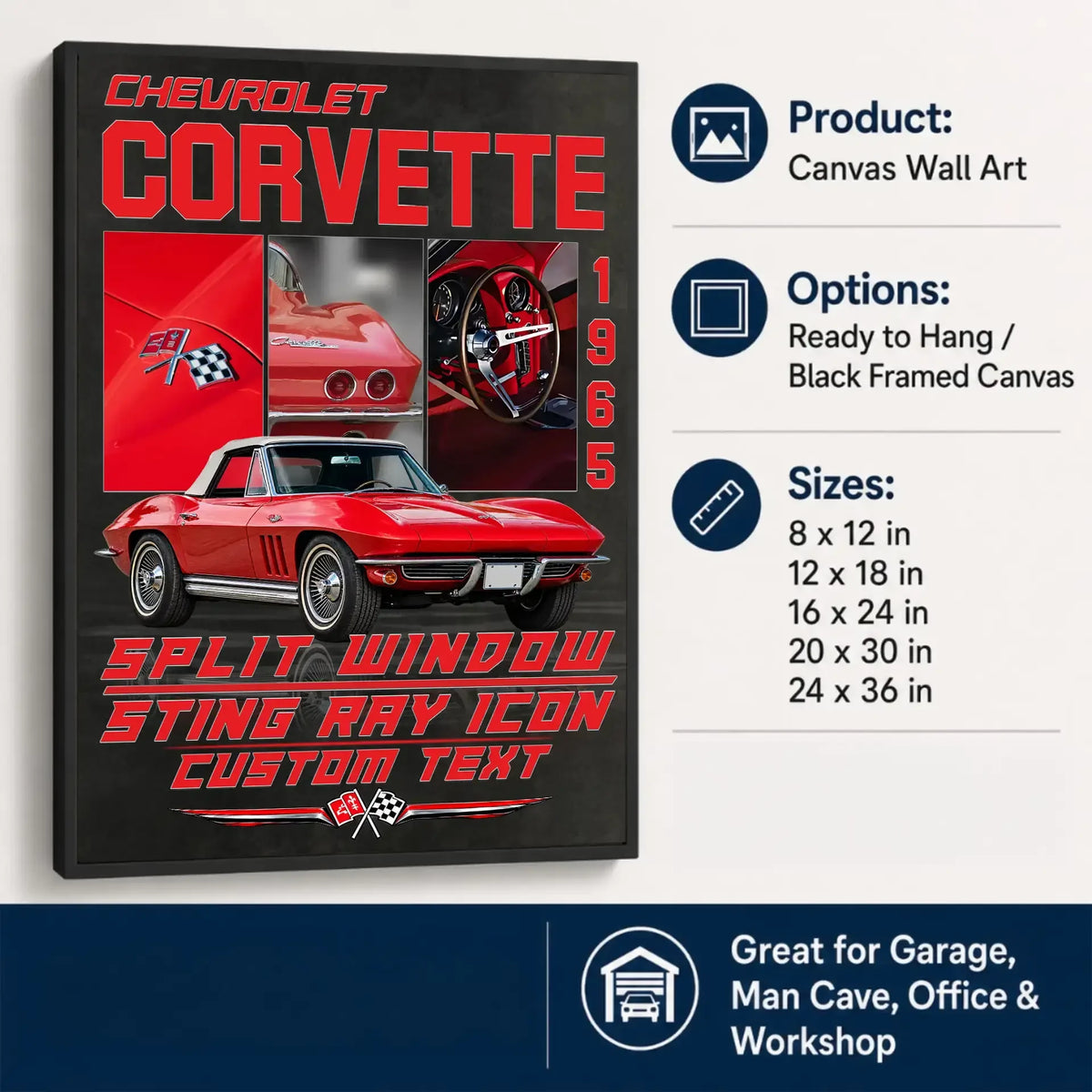 Personalized 1965 Corvette Sports Car Canvas Wall Art