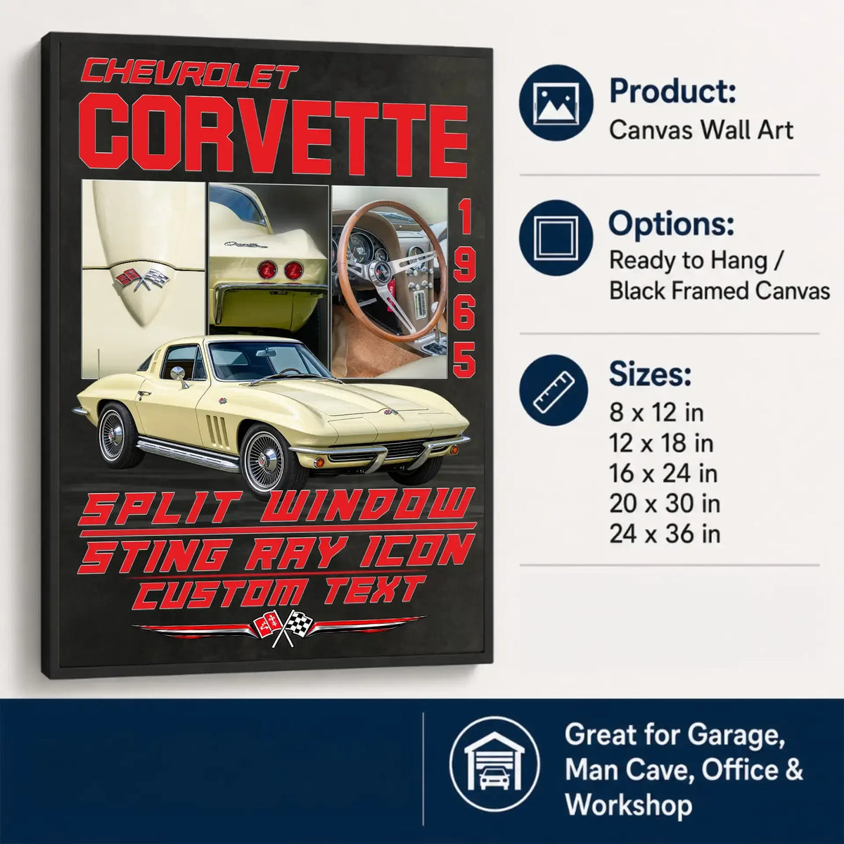 Personalized 1965 Corvette Sports Car Canvas Wall Art
