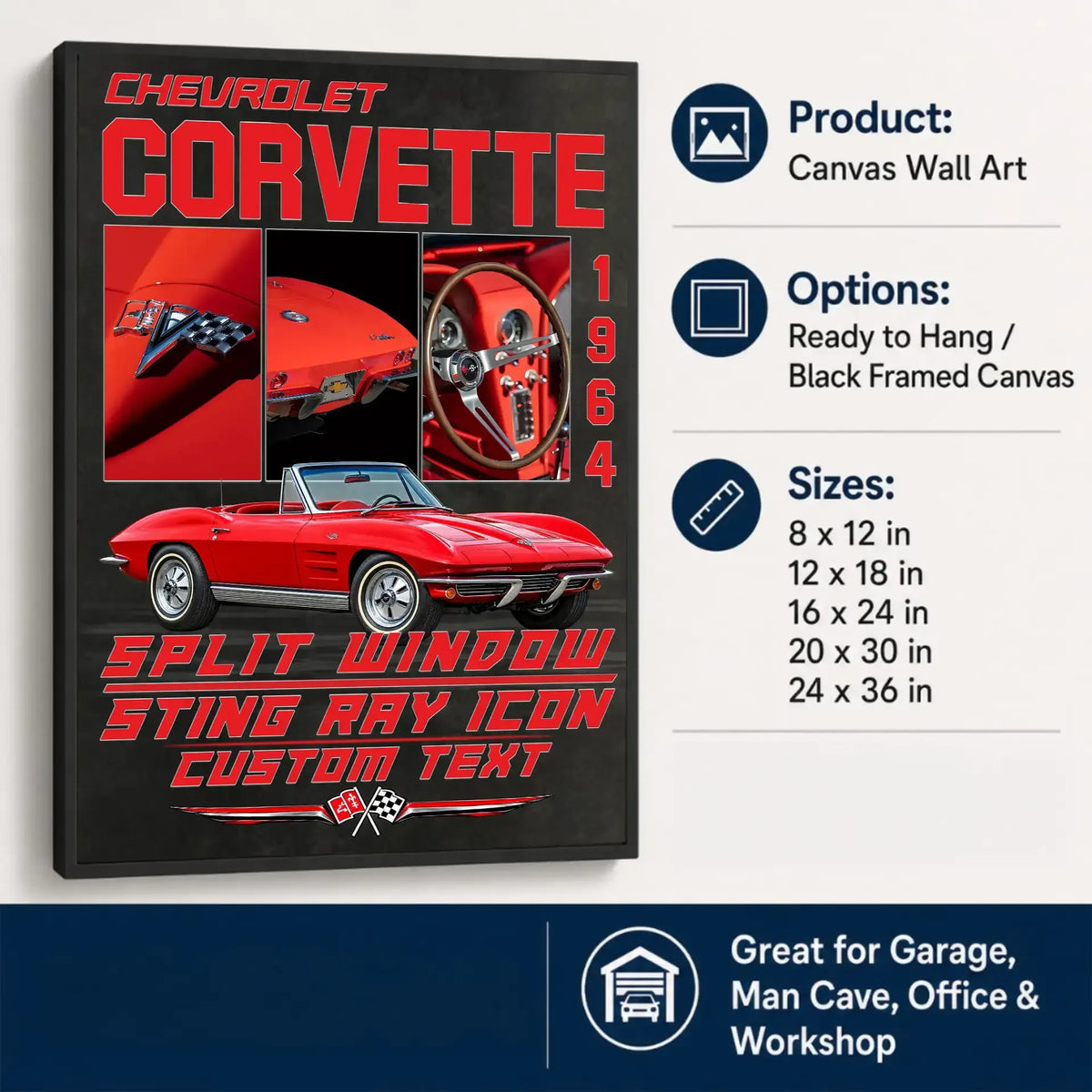 Personalized 1964 Corvette Sports Car Canvas Wall Art