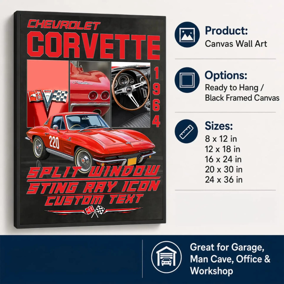 Personalized 1964 Corvette Sports Car Canvas Wall Art