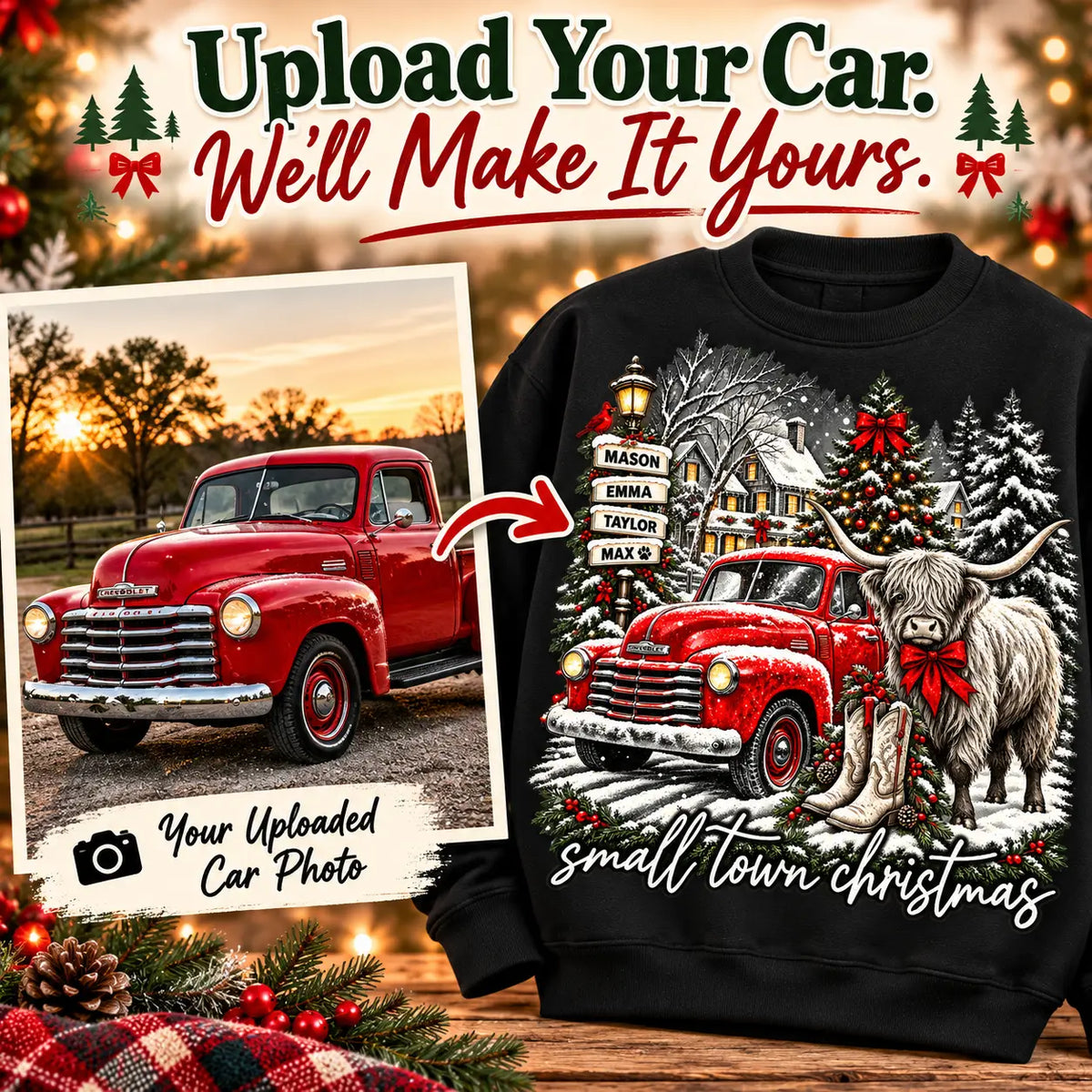 Custom Car Photo Christmas Apparel – Personalized Family Names & Holiday Message