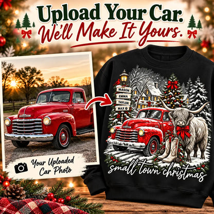 Custom Car Photo Christmas Apparel – Personalized Family Names & Holiday Message