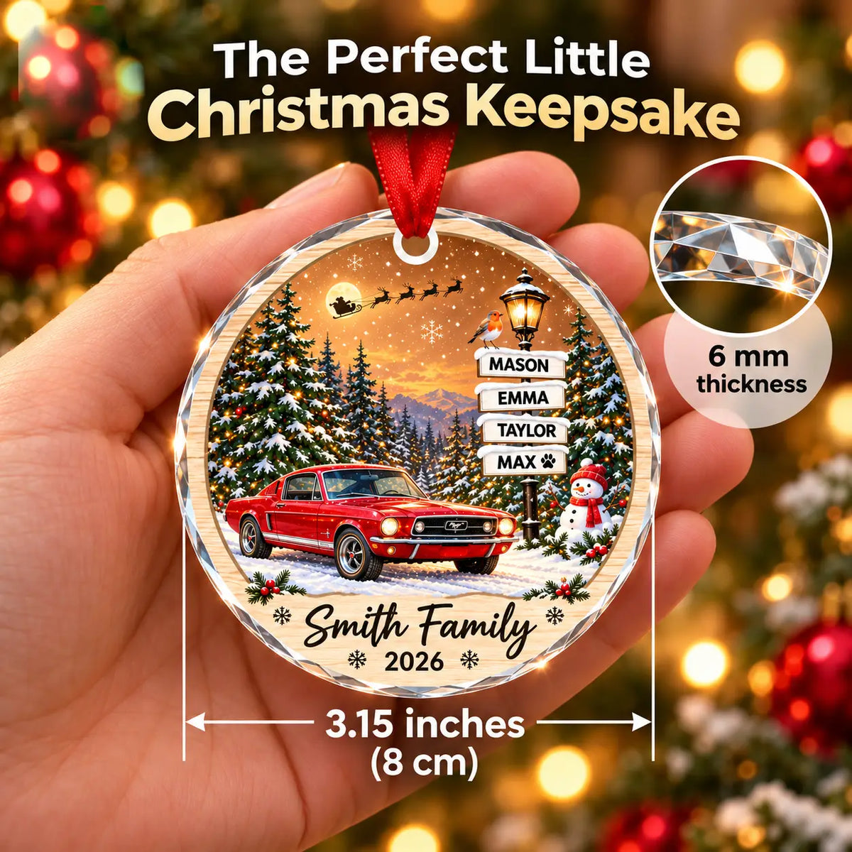 Personalized Car Christmas Ornament – Custom Car Photo & Family Names Glass Ornament