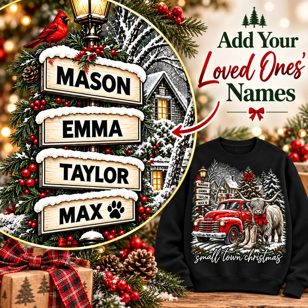 Custom Car Photo Christmas Apparel – Personalized Family Names & Holiday Message