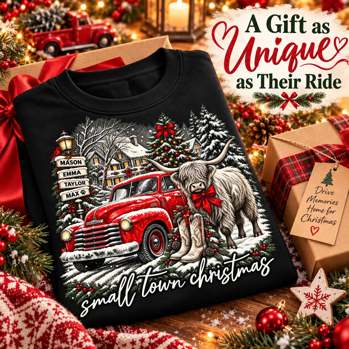 Custom Car Photo Christmas Apparel – Personalized Family Names & Holiday Message